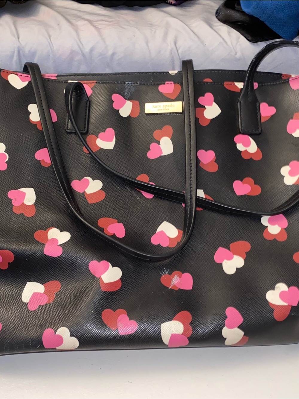 kate spade Black Tote with Pink, Red and Cream Heart Print